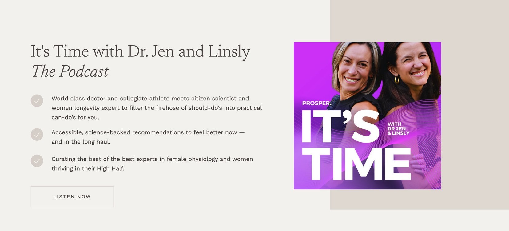 The podcast section on her home page: the heading It’s Time with Dr. Jen and Linsly, The Podcast, three short points about the show and a Listen Now button, beside the podcast’s cover art