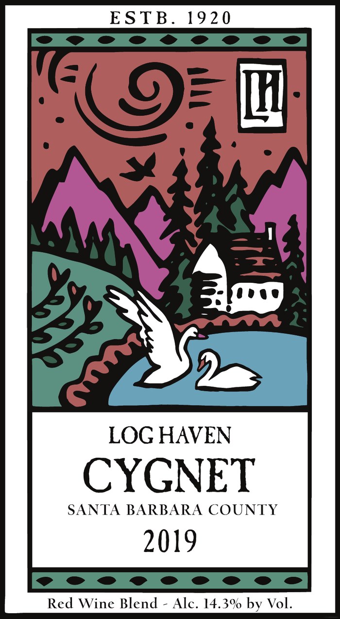 Front label, Log Haven Cygnet 2019: two white swans on the pond below the cabin, mountains and a swirling sun