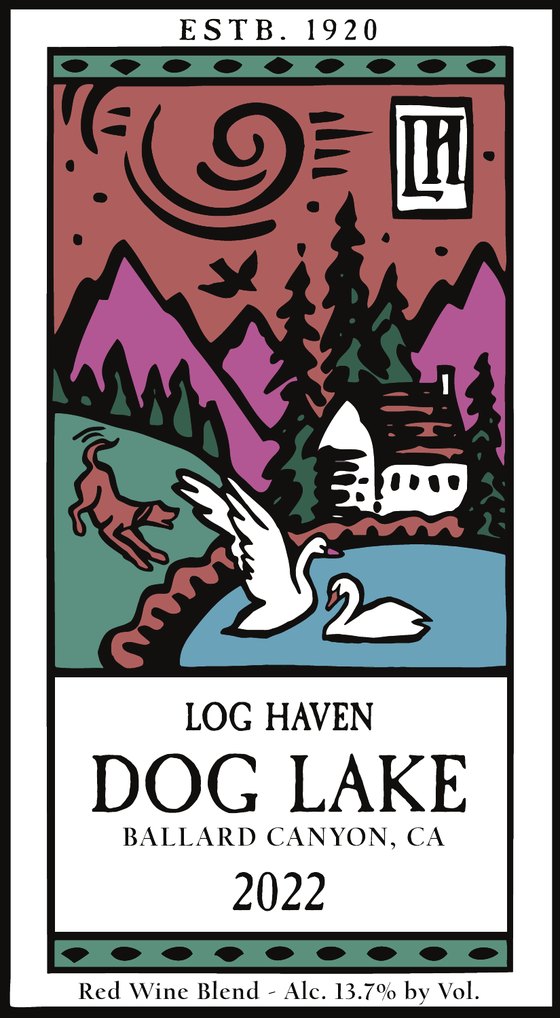 Dog Lake 2022 front label, with a dog leaping toward the pond