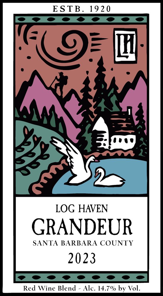 Grandeur 2023 front label, with a hiker on the peak