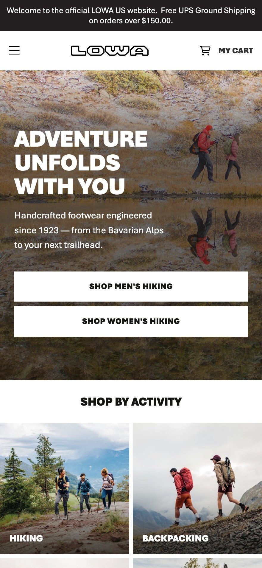 Live LOWA mobile homepage showing the hero, white hiking buttons and activity tiles