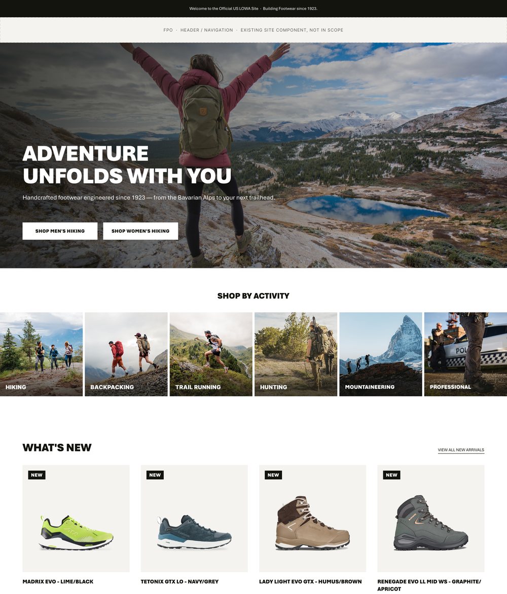 LOWA desktop Figma board prepared from the team's proposed homepage concept; visible hero, activity, new arrivals and merchandising sections