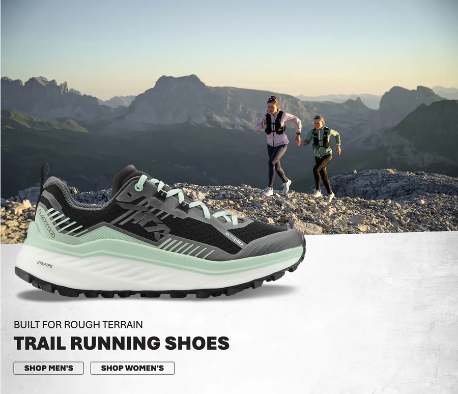 Original trail-running promotional tile showing a mint-green and charcoal running shoe with an individual-product shop link