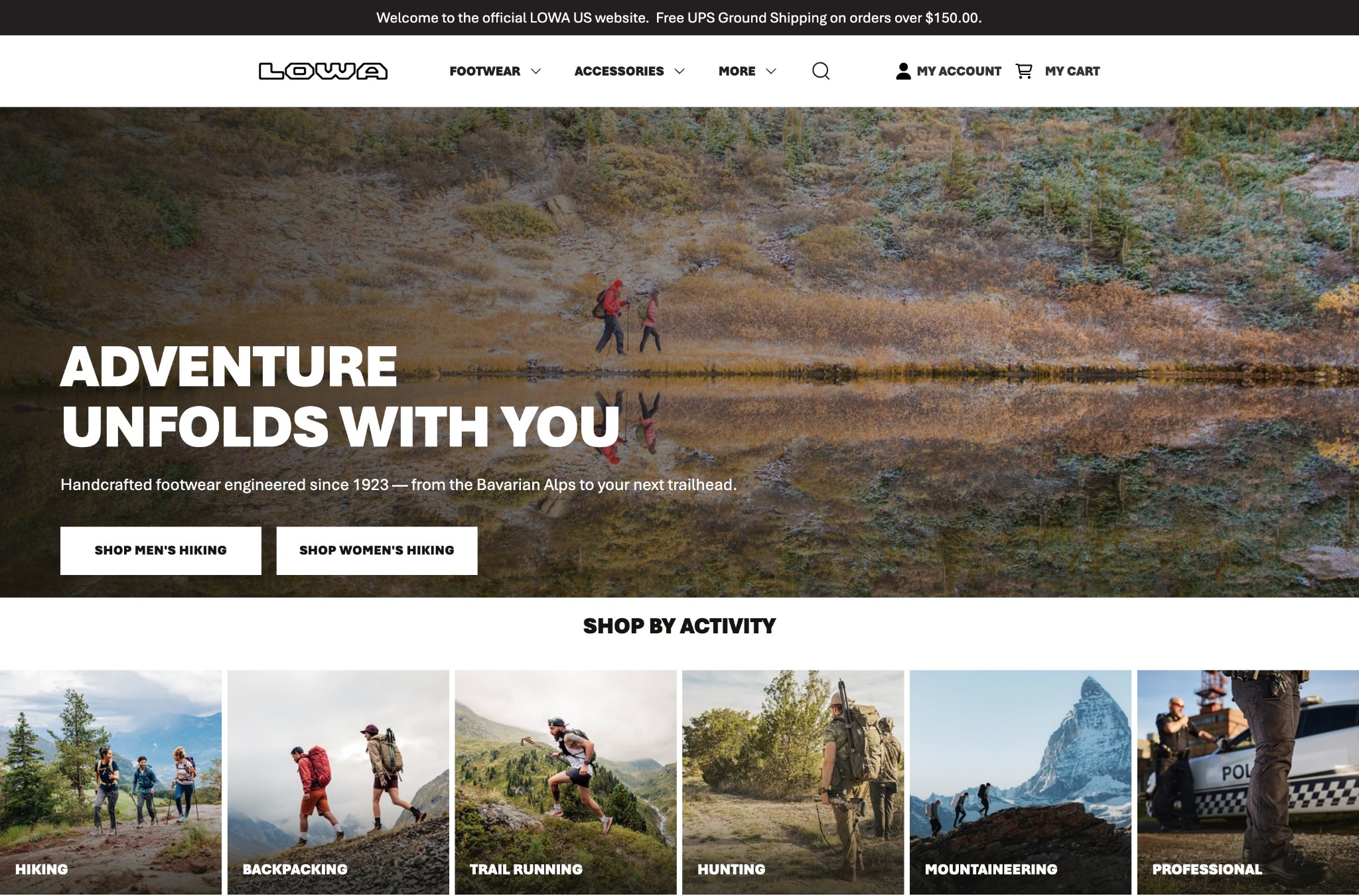 Refreshed LOWA homepage with Adventure Unfolds With You hero and six activity categories immediately below